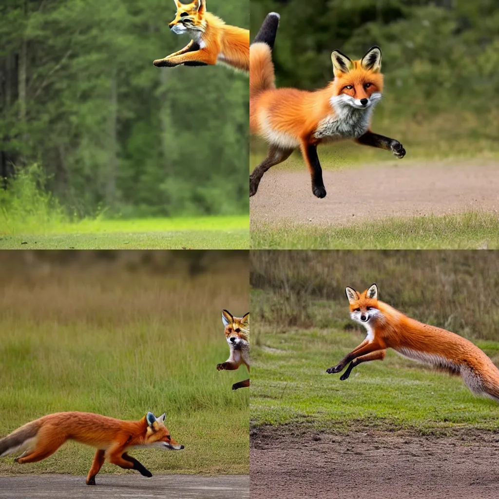 Prompt: A red fox jumping over a brown dog