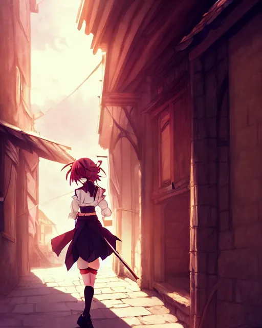 Image similar to pixiv, key anime visual portrait of a young female walking through a medieval village, dynamic pose, dynamic perspective, cinematic, dramatic lighting, detailed silhouette, film grain, yoshitaka amano, tending on artstation, face by yoh yoshinari, detailed, intricate