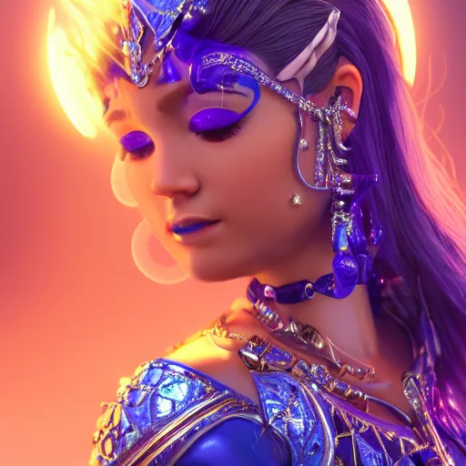 Image similar to photo of wonderful princess of sapphire with fair skin, she has her eyes closed, glowing, ornate and intricate blue jewelry, jaw dropping beauty, eyepopping colors, dynamic lighting, glowing background lighting, blue accent lighting, photorealistic, hyper detailed, award winning photography, 4 k octane render