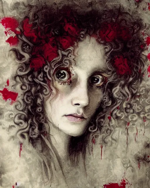 Prompt: a beautiful but sinister girl in layers of fear, with haunted eyes and curly hair, 1 9 7 0 s, seventies, floral wallpaper, delicate embellishments, a little blood, crimson, painterly, offset printing technique, by fragonard