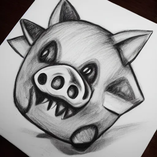 Image similar to minecraft pig horror evil, black and white charcoal sketch