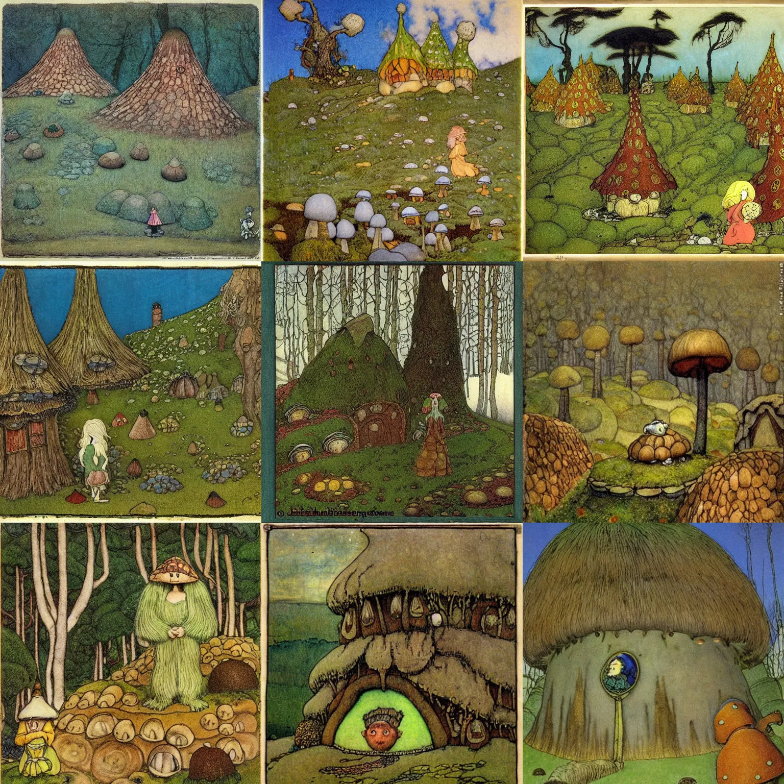Prompt: generic fairytale landscape, a troll creature by John Bauer, filled with mushroom houses in the style of peyo and wimmelbilder