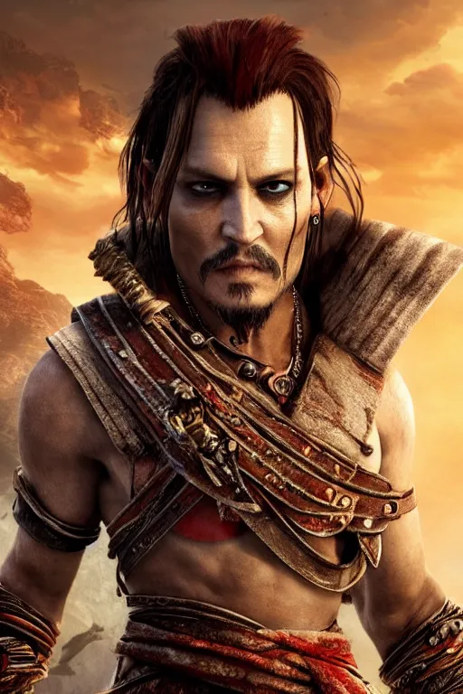 Prompt: Johnny Depp in God of War 4, sigma male, rule of thirds, movie poster with no text, award winning photo, unreal engine