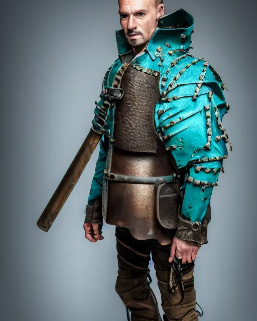 Prompt: an award - winning photo of an ancient male model wearing a plain baggy teal distressed medieval designer menswear swedish police jacket slightly inspired by medieval armour designed by alexander mcqueen, 4 k, studio lighting, wide angle lens