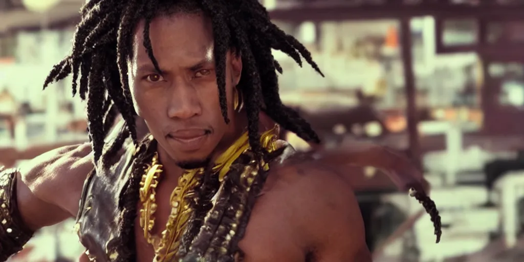 Image similar to a film still of a black man starring in a japanese blockbuster film as eddy gordo from tekken, shallow depth of field, cinematic, award winning cgi, vfx, film still