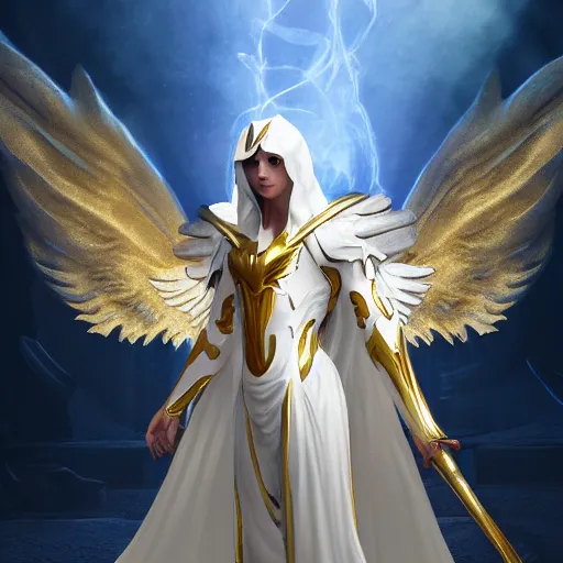 Prompt: Angel in white linen, golden armor, glowing sword in hand, translucent wings, concept character, beautiful, stunning, gold mist, radiating power, energy, god rays, luminescence, fractal, unreal engine, 8k