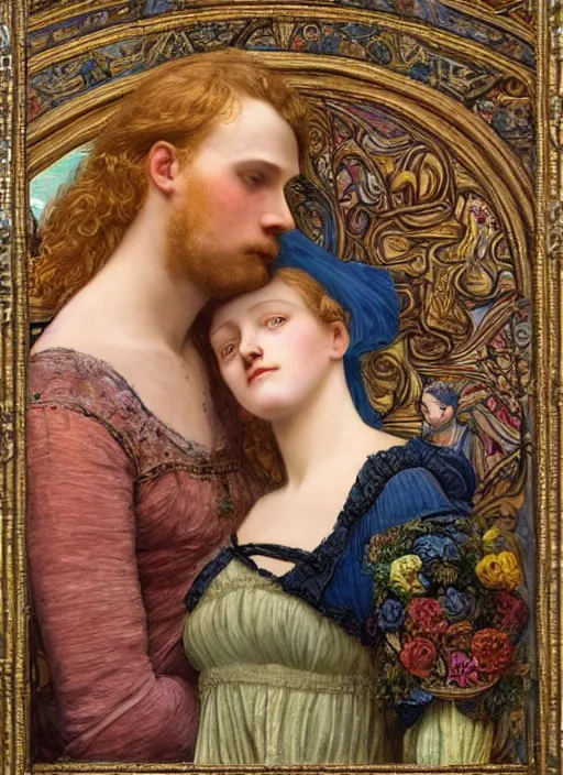 Image similar to detailed colourful masterpiece of intricate preraphaelite art novueau photography couple portrait sat down extreme closeup, love, inside an underwater train, detailed realistic expressions, wearing unusual clothes, by ford madox brown and frederic leighton, ultra wide angle