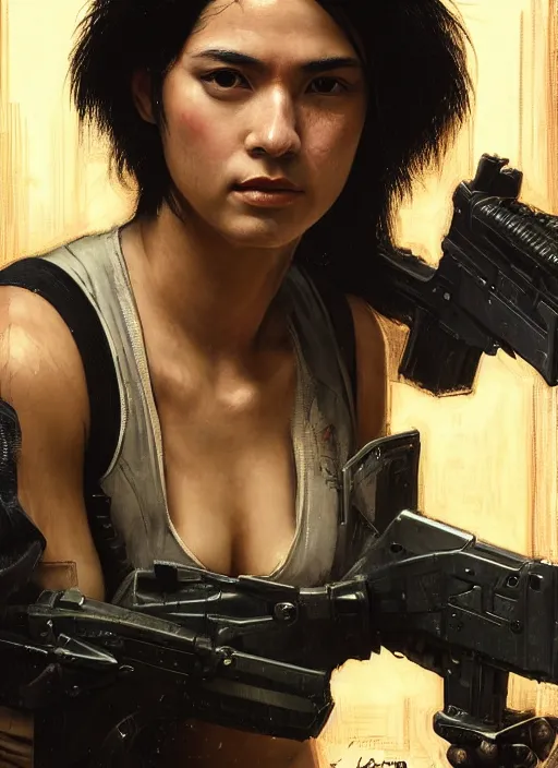 Image similar to laura matsuda. cyberpunk police trooper in a military vest ( blade runner 2 0 4 9, cyberpunk 2 0 7 7 ). orientalist portrait by john william waterhouse and james gurney and theodore ralli and nasreddine dinet, oil on canvas. cinematic, hyper realism, realistic proportions, dramatic lighting, high detail 4 k