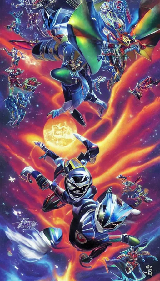 Image similar to stephen Hawkins as power ranger fighting gremlins vs mothra art by Noriyoshi Ohrai and Lisa Frank