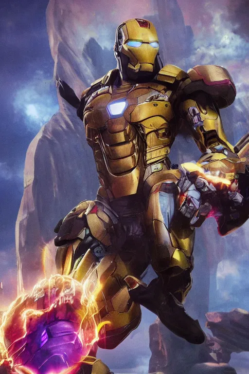 Image similar to thanos in a damaged and broken iron man suit, cinematic, volumetric lighting, f 8 aperture, cinematic eastman 5 3 8 4 film, photorealistic