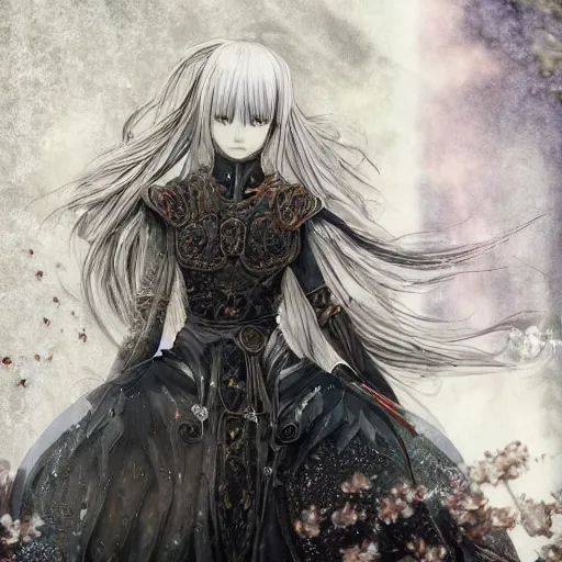 Image similar to yoshitaka amano style blurred and dreamy illustration, renaissance oil portrait, realistic anime girl with white hair and black eyes wearing elden ring style armor with engraving, highly detailed, ruined throne room in the background, strange camera angle, three - quarter view, noisy film grain effect