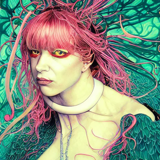 Image similar to portrait of crazy beautiful singer sia kate isobelle furler, ymmetrical, by yoichi hatakenaka, masamune shirow, josan gonzales and dan mumford, ayami kojima, takato yamamoto, barclay shaw, karol bak, yukito kishiro