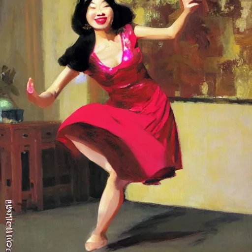 Image similar to a beautiful Asian woman dancing the Charleston on the living room carpet with joy, fair skin, red lips, black hair, oil painting, by Sherree Valentine Daines, 8k