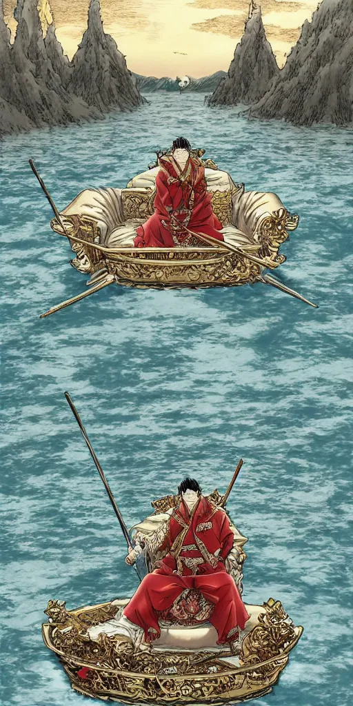 Image similar to highly detailed lone emperor sitting on a throne floating on water in the middle of a lake drawn by Makoto Yukimura in the style of Vinland saga anime, full color, detailed,