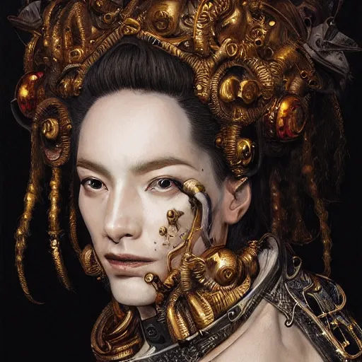 Image similar to portrait, headshot, insanely nice hair style, digital painting, of a old 17th century, old cyborg merchant, amber jewels, baroque, ornate clothing, scifi, realistic, hyperdetailed, chiaroscuro, concept art, art by Franz Hals and Jon Foster and Ayami Kojima and Amano and Karol Bak,