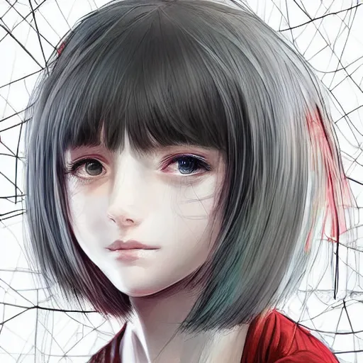 Image similar to beautiful pure evil teenager lain, cute haircut, with hundreds of network cables, neatly coming out of her head, a part of her face panel is showing, she is in pure bliss, chaos, bizarre, strange, portrait, painting, soft and intricate, fine lines, by artgerm,