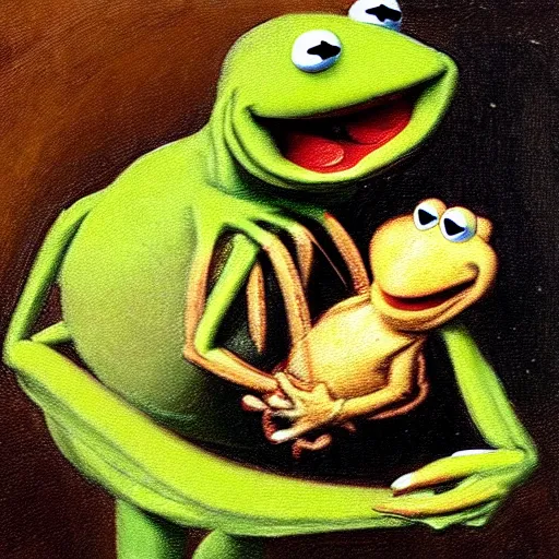 Prompt: “Kermit the Frog in the style of Saturn Devouring His Son by Francisco Goya, fresco”