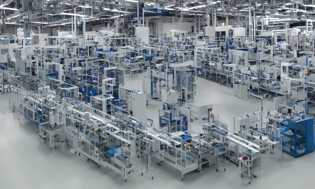 Prompt: automated pharmaceutical production line with robotic arms, technology, big, bright, sterile environment, clean