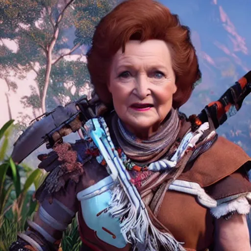 Prompt: film still of Betty White as Aloy in Horizon Zero Dawn