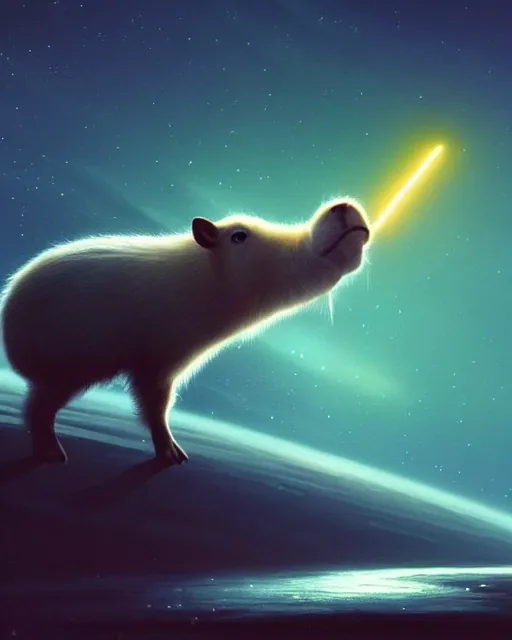 Image similar to a white capybara cruising the milky way, beautiful, agile, myth, legend, trending on artstation, light effects, kilian eng, john harris, bastien lecouffe - deharme