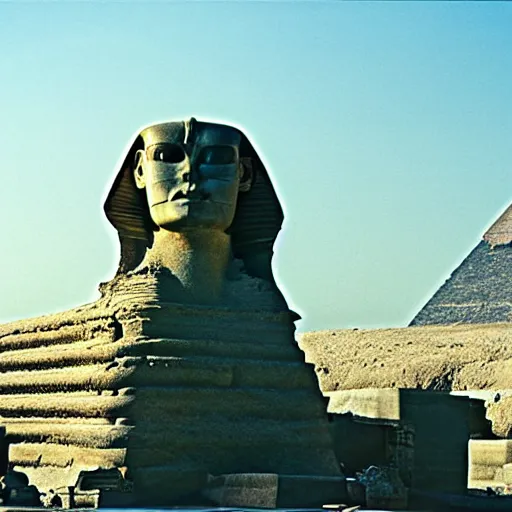 Prompt: kelsey grammer as a sphinx, egyptology, ancient aliens, grainy cinestill film landscape photo, monument