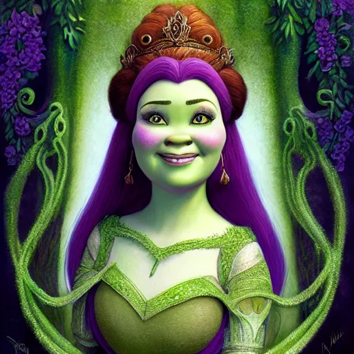 Image similar to a beautiful detailed front view portrait of princess fiona from shrek with ornate growing around, ornamentation, flowers, elegant, beautifully soft lit, by wayne barlowe, peter mohrbacher, kelly mckernan,