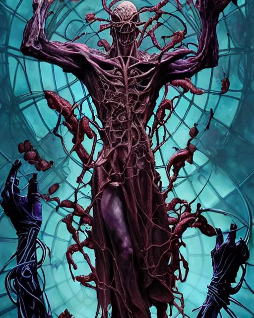 Image similar to the platonic ideal of flowers, rotting, insects and praying of cletus kasady ultimate carnage thanos dementor doctor manhattan chtulu nazgul bioshock davinci, d & d, fantasy, detailed, intricate, hyperrealism, intense, scary, decay, dmt, art by artgerm and greg rutkowski and alphonse mucha