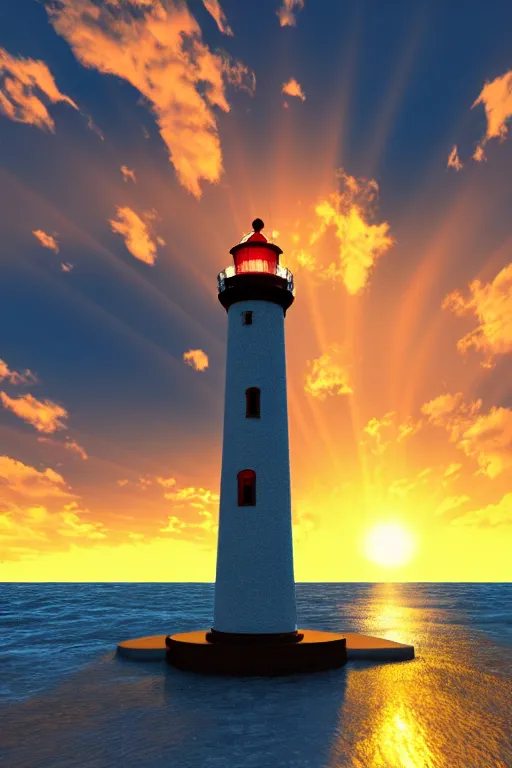 Image similar to highly detailed lighthouse with heavy waves at sunset, global illumination, god rays, detailed and intricate environment, 8 k