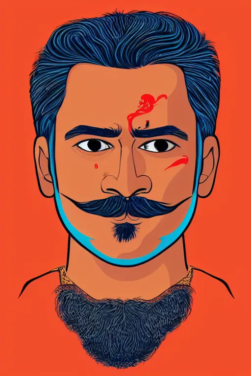 Image similar to portrait of an indian man with moustache, art by butcher billy, sticker, colorful, illustration, highly detailed, simple, smooth and clean vector curves, no jagged lines, vector art, smooth