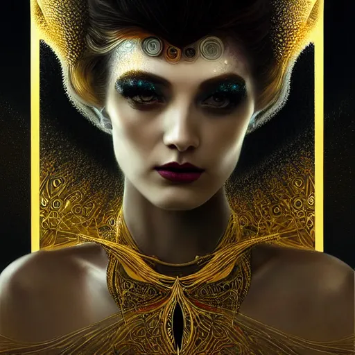 Image similar to extremely psychedelic beautiful cyborg queen of lsd infected by night. intricate, elegant, highly detailed, extremely lifelike photorealistic digital painting, artstation. steichen, gaston bussiere, tom bagshaw, cyberpunk alphonse mucha. elegant minimalism. anatomically correct. sultry. sharp focus. gold and black, white accents. melancholic. lifelike