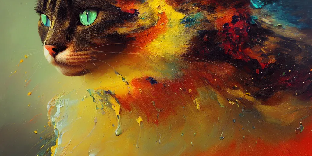 Image similar to wide shot portrait of beautiful cat by irakli nadar with intricate detailed color smashing fluid oil paint and acrylic, heterochromia, melting wax, mycelia, abstract impressionism, ruan jia, fantasy, hyper detailed, concept art, by gustav klimt,