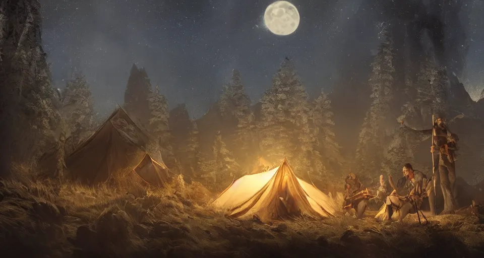 Image similar to an epic fantasy adventurer's camp with a hide tent at night with a full moon, 4 k, extremely detailed. award winning, trending on artstation, 8 k, ultra wide angle