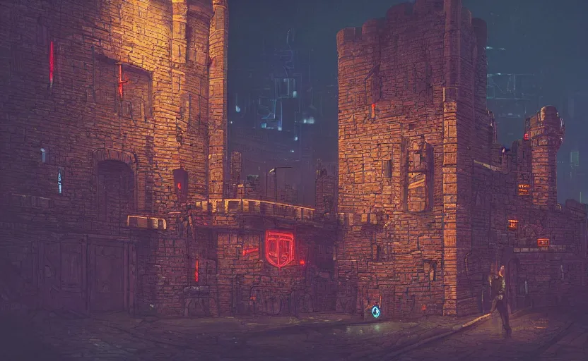 Prompt: a cyberpunk medieval castle, stone brick walls, vincent lefevre, neon lights