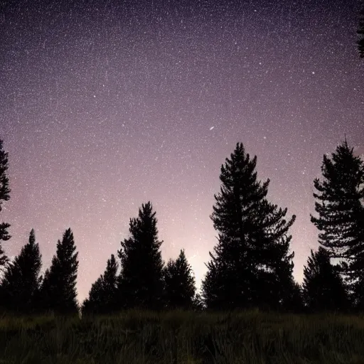 Image similar to calming relaxing trees silhouetted against a dark starry night sky from a distance