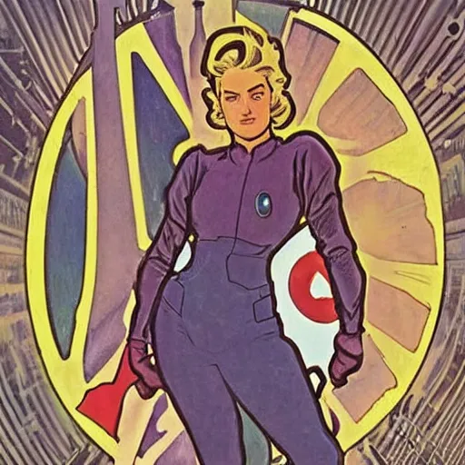 Prompt: a stoic heroic butch tomboy dirty injured blonde emotionless woman engineer, with very short slicked - back hair. she is dressed as a spaceship mechanic. well composed, clean elegant painting, beautiful detailed face. comic book art by steve ditko and jack kirby and ( alphonse mucha )