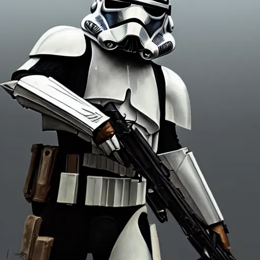 Image similar to an extremely long shot of an imperial stormtrooper in battle position ready to shoot his blaster concept art by Doug Chiang cinematic, realistic painting, high definition, very detailed, extremely high detail, photo realistic, concept art, the Mandalorian concept art style