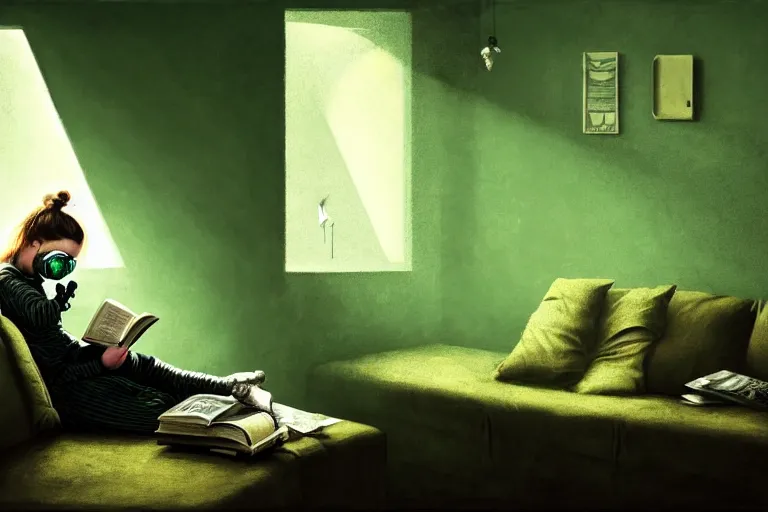 Image similar to girl with wearing a gas mask lying on the sofa reading a book in her room, in the style of dariusz zawadzki, solarpunk, atmospheric, clean, intricate and epic composition, green by caravaggio, insanely quality, highly detailed, masterpiece, blue light, artstation, 4 k