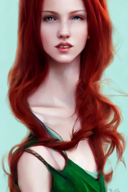 Image similar to beautiful cute red haired joyful and playful 1 9 year old maiden standing up in a green dress, long hair, rpg character, sci - fi, fantasy, intricate, elegant, digital painting, artstation, concept art, smooth, 8 k frostbite 3 engine, ultra detailed, art by artgerm and greg rutkowski and magali villeneuve