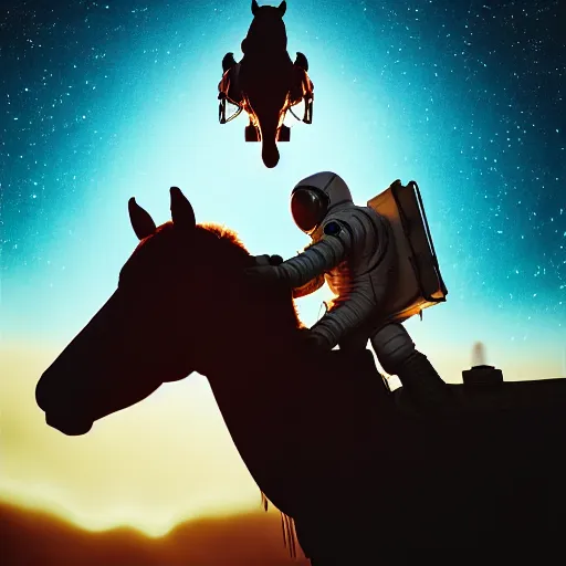 Image similar to photography of animal horse riding on top of an human man in astronaut costume. from western by hiroyuki okiura and katsuhiro otomo and alejandro hodorovski style with many details by mike winkelmann and vincent di fate in sci - fi style. volumetric natural light photo on dsmc 3 system,