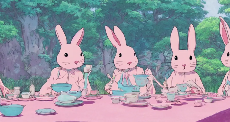 Image similar to 3 pink and teal colored bunnies having a tea party, by studio ghibli, makoto shinkai, beautiful nature illustration