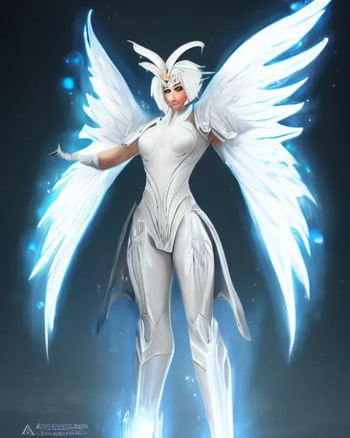 Image similar to perfect white haired attractive egyptian goddess with huge white dove wings, warframe armor, beautiful, symmetric, dreamy, half asian, pretty face, blue eyes, detailed, scifi platform, laboratory, experiment, 4 k, ultra realistic, epic lighting, android body, illuminated, cinematic, masterpiece, art by akihito tsukushi, voidstar