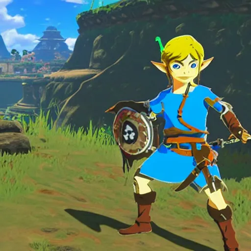 Image similar to a screencap of the legend of zelda breath of the wild, of luffy in breath of the wild