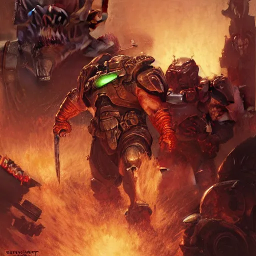 Image similar to Danny DeVito Doom Slayer, rip and tear until it is done, by gaston bussiere, craig mullins, Simon Bisley