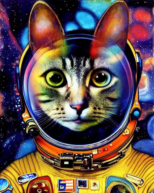 Prompt: space cosmonaut cat portrait an oil painting splashes with many colors and shapes by gustav klimt greg rutkowski and alphonse mucha, polycount, generative art, psychedelic, fractalism, glitch art