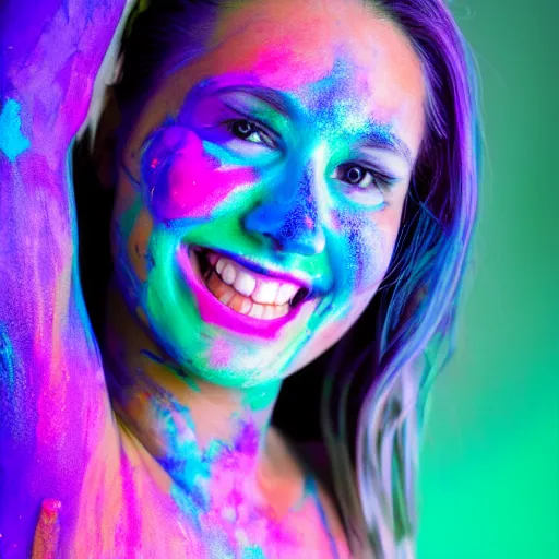 Image similar to a fullbody photo of a female smiling, painted her body with ultraviolet paint, 5 0 mm lens, f 1. 4, sharp focus, ethereal, emotionally evoking, head in focus, volumetric lighting, 8 k