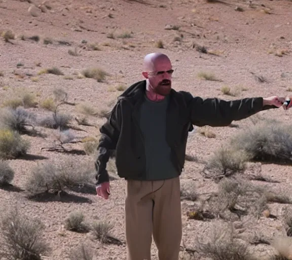 Prompt: walter white rapping with a microphone in the desert, realistic, movie still