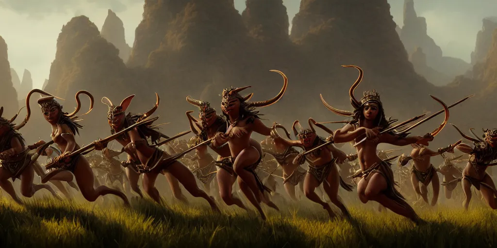 Image similar to painting of beautiful goddess leading an army of goblins, hyper - realistic, unreal engine, octane render, digital art, trending on artstation, 8 k, detailed, atmospheric, immaculate