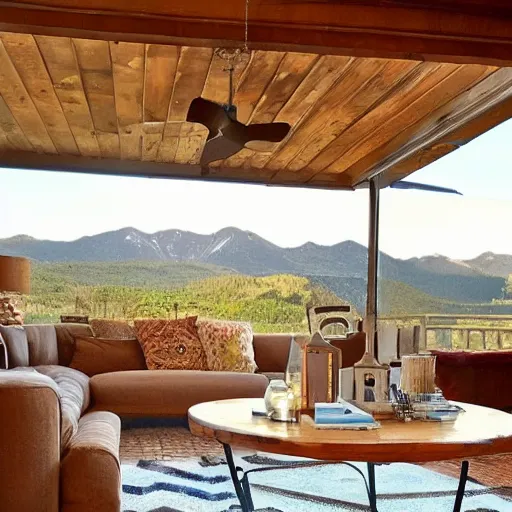Prompt: cute coffee table overlooking blurred out rustic country mountains in the background and sunny sky