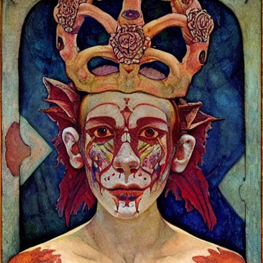 Image similar to the bone crown coronation, by Annie Swynnerton and Nicholas Roerich and (((Diego Rivera))) and (((Edmund Dulac))), bioluminescent skin, floral tattoos, elaborate costume, geometric ornament, symbolist, rich colors, dramatic lighting, smooth, sharp focus, extremely detailed