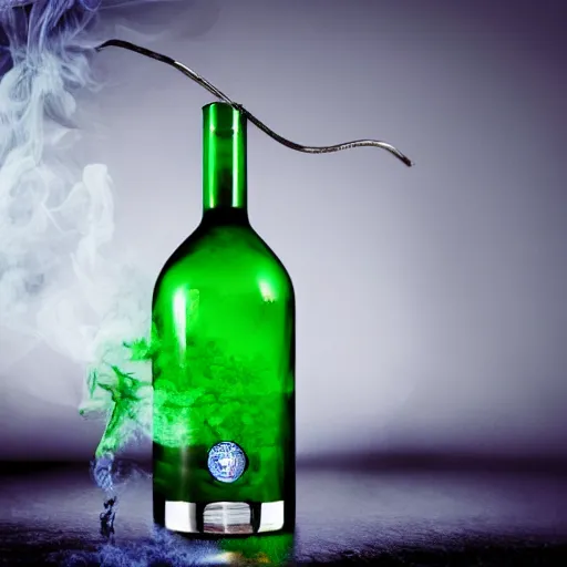 Prompt: https://s.mj.run/RjUUimhi8wU hyper-realistic photo of a green absinthe bottle surrounded by blue smoke swirling around, unreal engine, cinematic, hyper-realistic, DOF